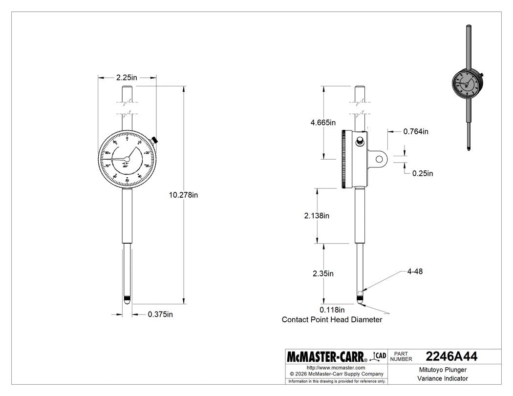 Technical Drawing of Mitutoyo Plunger Variance Indicator, with NIST Certificate, Continuous Dial, Model Number 2424A-19Cal.